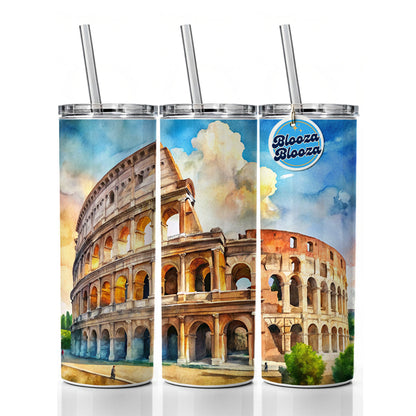 Ancient Rome Coliseum Watercolor Skinny Tumbler 20oz with Straw Insulated Water Bottle Gift