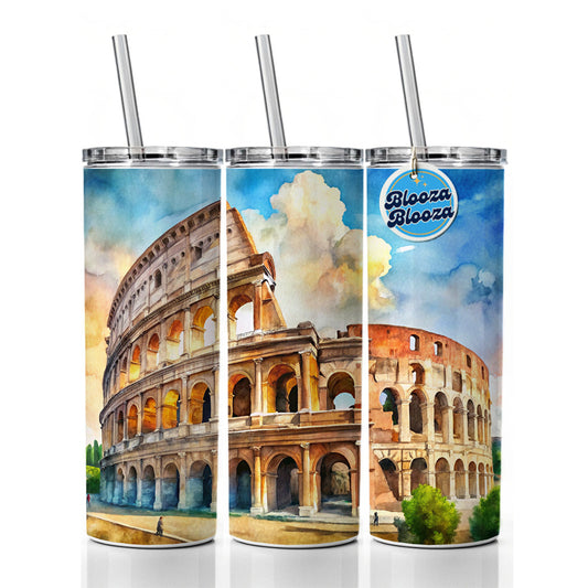 Ancient Rome Coliseum Watercolor Skinny Tumbler 20oz with Straw Insulated Water Bottle Gift