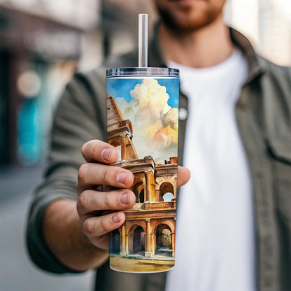 Ancient Rome Coliseum Watercolor Skinny Tumbler 20oz with Straw Insulated Water Bottle Gift