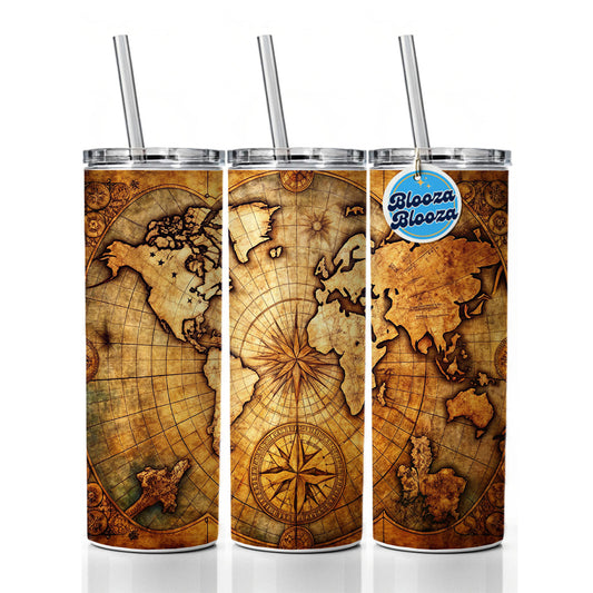 Ancient World Map with Compass Rose Skinny Tumbler 20oz with Straw Insulated Water Bottle Gift