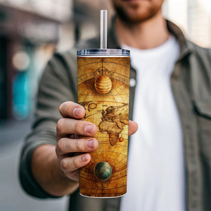 Ancient Worn Map Of The Earth and Solar System Skinny Tumbler 20oz with Straw Insulated Water Bottle Gift