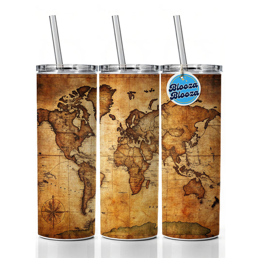 Ancient Worn Map Of The World Continents Skinny Tumbler 20oz with Straw Insulated Water Bottle Gift