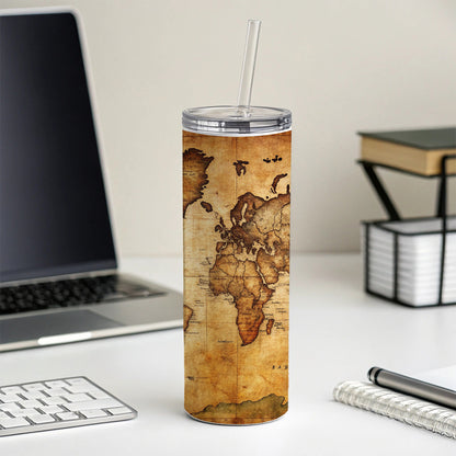 Ancient Worn Map Of The World Continents Skinny Tumbler 20oz with Straw Insulated Water Bottle Gift