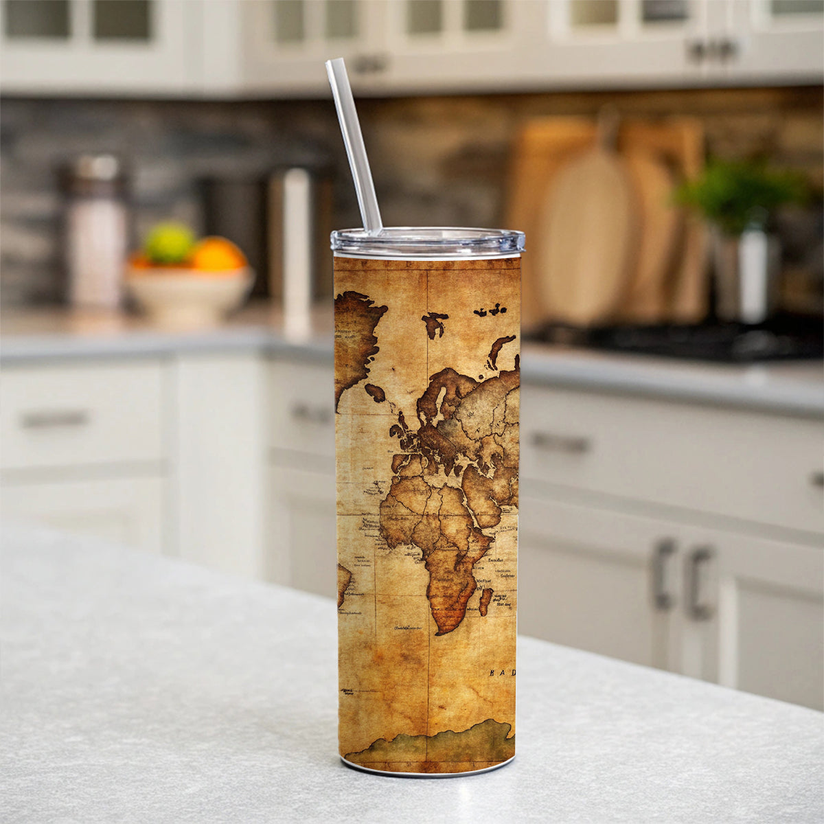 Ancient Worn Map Of The World Continents Skinny Tumbler 20oz with Straw Insulated Water Bottle Gift