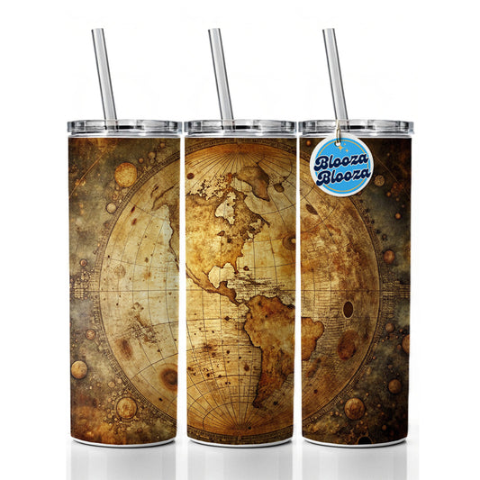 Ancient Worn Map the Earth Globe and Planets Skinny Tumbler 20oz with Straw Insulated Water Bottle Gift