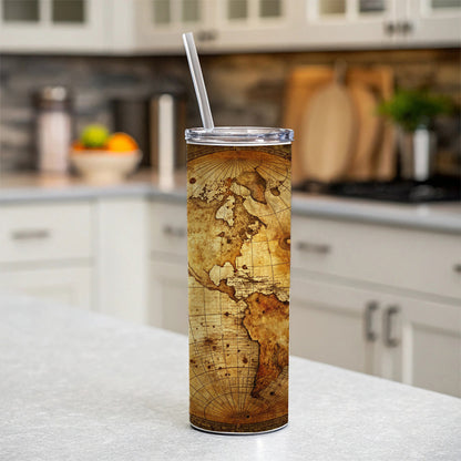 Ancient Worn Map the Earth Globe and Planets Skinny Tumbler 20oz with Straw Insulated Water Bottle Gift