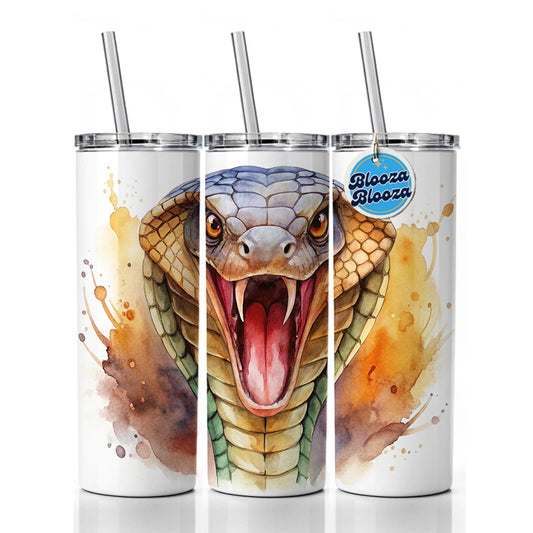 Angry Cobra Snake Reptile Close-up Watercolor Skinny Tumbler 20oz with Straw Insulated Water Bottle Gift