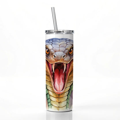 Angry Cobra Snake Reptile Close-up Watercolor Skinny Tumbler 20oz with Straw Insulated Water Bottle Gift