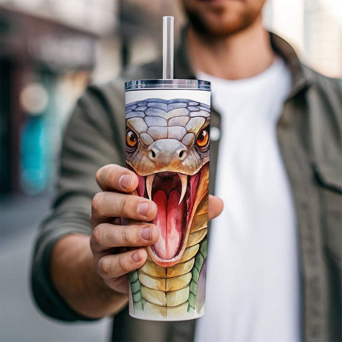 Angry Cobra Snake Reptile Close-up Watercolor Skinny Tumbler 20oz with Straw Insulated Water Bottle Gift