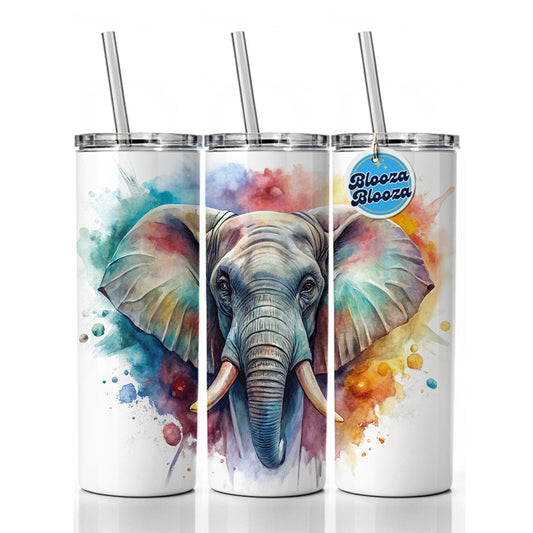Angry Elephant Colorful Watercolor Skinny Tumbler 20oz with Straw Insulated Water Bottle Gift