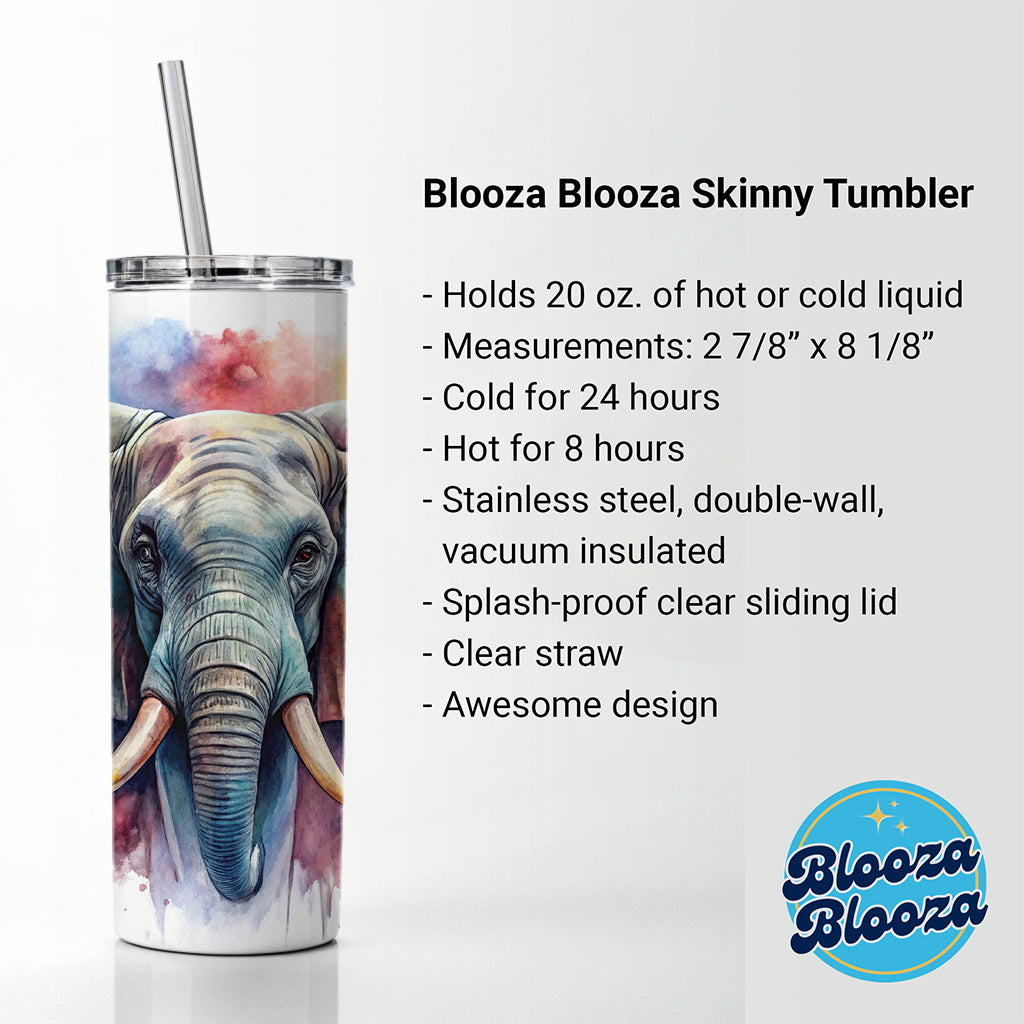 Angry Elephant Colorful Watercolor Skinny Tumbler 20oz with Straw Insulated Water Bottle Gift