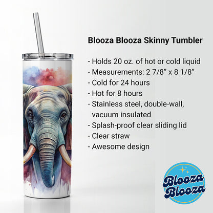 Angry Elephant Colorful Watercolor Skinny Tumbler 20oz with Straw Insulated Water Bottle Gift