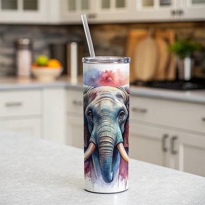 Angry Elephant Colorful Watercolor Skinny Tumbler 20oz with Straw Insulated Water Bottle Gift