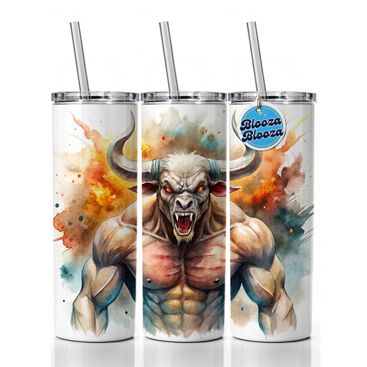 Angry Fantasy Minotaur Watercolor Skinny Tumbler 20oz with Straw Insulated Water Bottle Gift