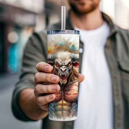 Angry Fantasy Minotaur Watercolor Skinny Tumbler 20oz with Straw Insulated Water Bottle Gift