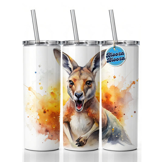 Angry Kangaroo Watercolor Skinny Tumbler 20oz with Straw Insulated Water Bottle Gift