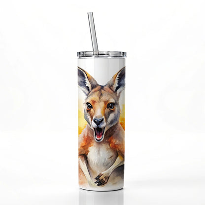 Angry Kangaroo Watercolor Skinny Tumbler 20oz with Straw Insulated Water Bottle Gift