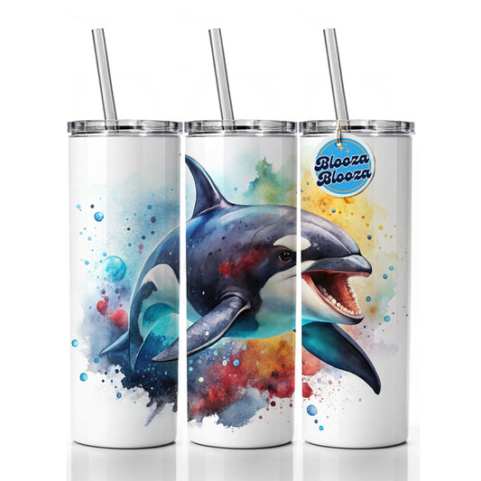 Angry Orca Killer Whale Watercolor Skinny Tumbler 20oz with Straw Insulated Water Bottle Gift