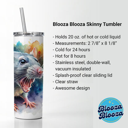 Angry Rat Watercolor Skinny Tumbler 20oz with Straw Insulated Water Bottle Gift