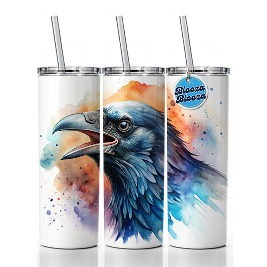 Angry Raven Watercolor Skinny Tumbler 20oz with Straw Insulated Water Bottle Gift