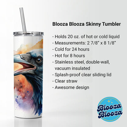 Angry Raven Watercolor Skinny Tumbler 20oz with Straw Insulated Water Bottle Gift