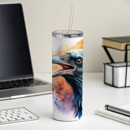 Angry Raven Watercolor Skinny Tumbler 20oz with Straw Insulated Water Bottle Gift
