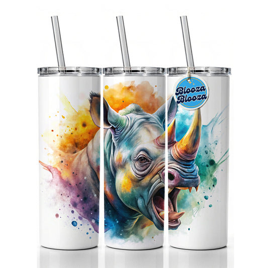 Angry Rhino Rhinoceros Watercolor Skinny Tumbler 20oz with Straw Insulated Water Bottle Gift