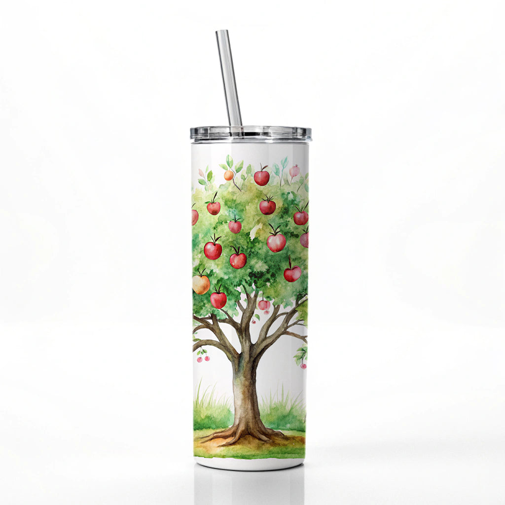 Apple Tree Watercolor Skinny Tumbler 20oz with Straw Insulated Water Bottle Gift