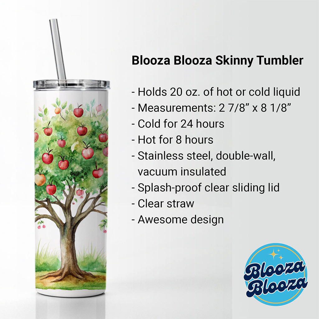 Apple Tree Watercolor Skinny Tumbler 20oz with Straw Insulated Water Bottle Gift