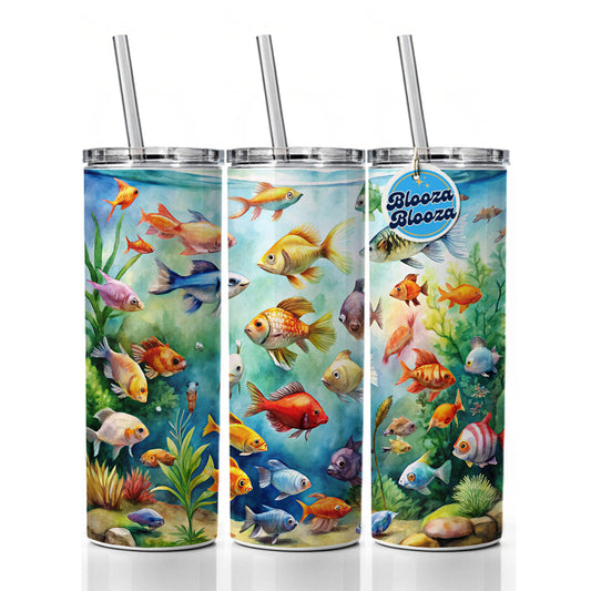 Aquarium Full Of Fish Watercolor Skinny Tumbler 20oz with Straw Insulated Water Bottle Gift