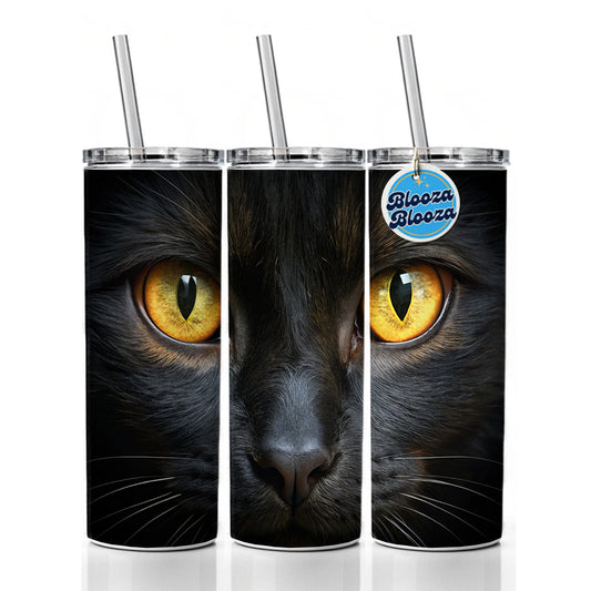 Black Cat with Gold Eyes Skinny Tumbler 20oz with Straw Insulated Water Bottle Gift