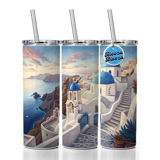 Blue Domes Of Oia Santorini Greece Aegean Sea Skinny Tumbler 20oz with Straw Insulated Water Bottle Gift