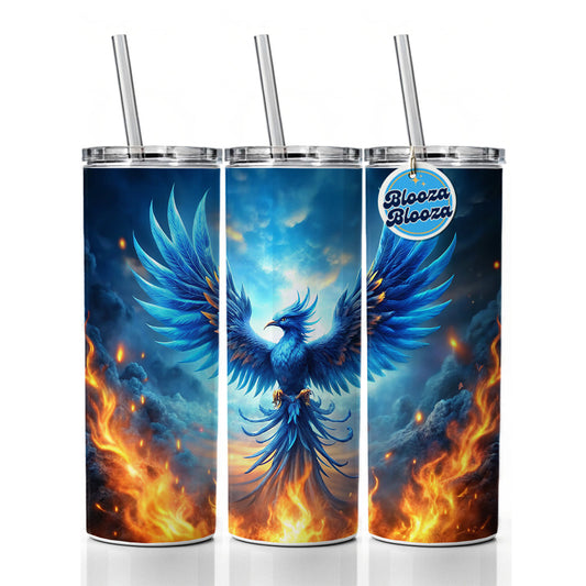 Blue Flaming Phoenix Rising From Ashes Fantasy Bird Skinny Tumbler 20oz with Straw Insulated Water Bottle Gift