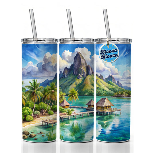 Bora Bora French Polynesia Watercolor Skinny Tumbler 20oz with Straw Insulated Water Bottle Gift