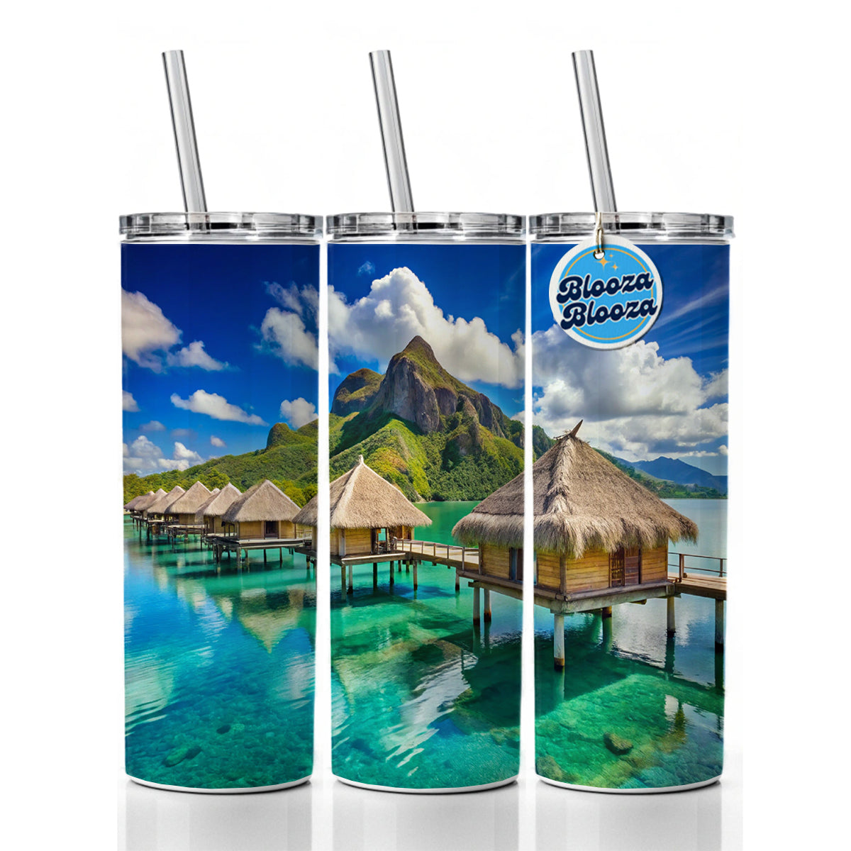 Bora Bora Huts On Water French Polynesia Skinny Tumbler 20oz with Straw Insulated Water Bottle Gift