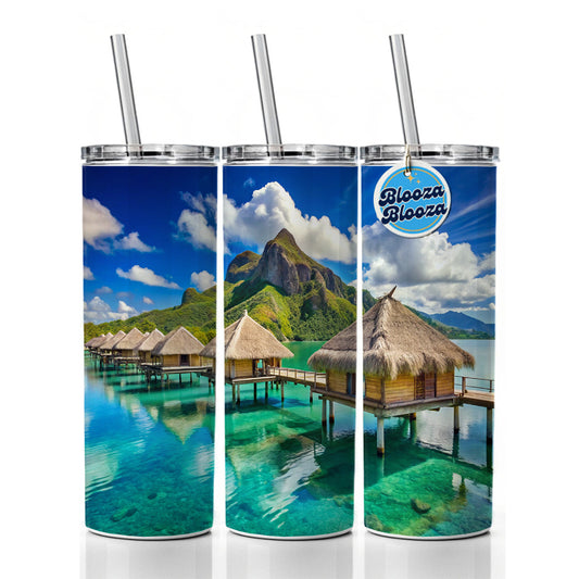 Bora Bora Huts On Water French Polynesia Skinny Tumbler 20oz with Straw Insulated Water Bottle Gift