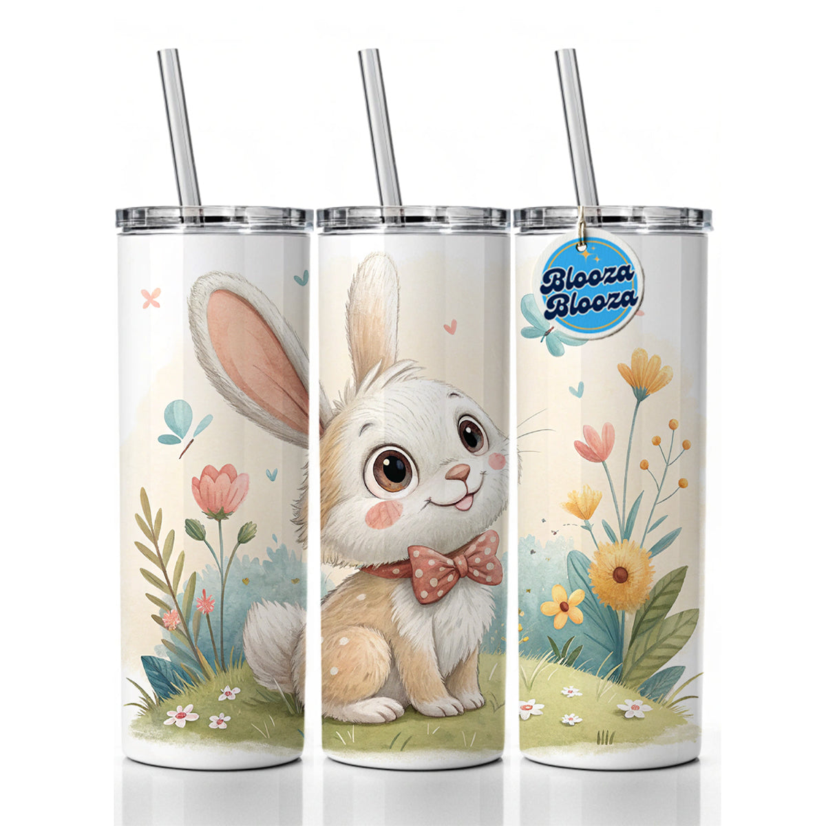 Bunny Rabbit Children's Illustration Style Skinny Tumbler 20oz with Straw Insulated Water Bottle Gift
