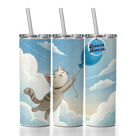 Cat Carried by Blue Balloon into the Sky Skinny Tumbler 20oz with Straw Insulated Water Bottle Gift