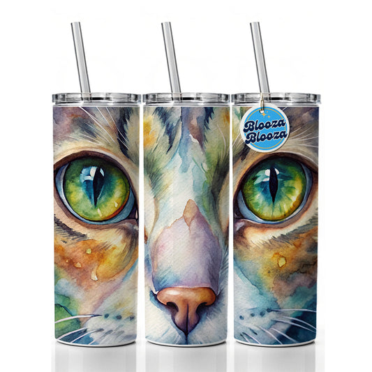 Cat Eyes Close-Up Watercolor Skinny Tumbler 20oz with Straw Insulated Water Bottle Gift