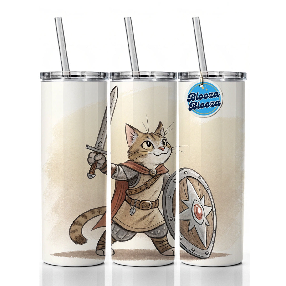 Cat With Sword And Shield Fantasy Medieval Cartoon Skinny Tumbler 20oz with Straw Insulated Water Bottle Gift