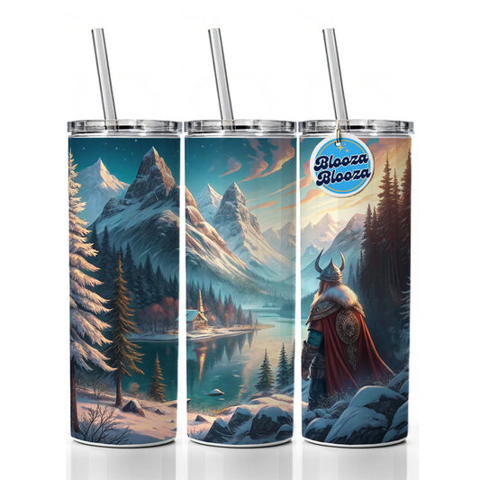 Classic Nordic Viking Anime Style Fantasy Skinny Tumbler 20oz with Straw Insulated Water Bottle Gift