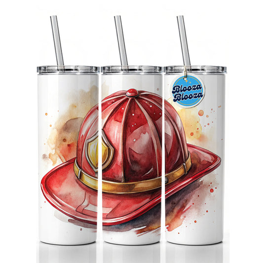 Classic Red Firefighter Fireman Helmet Watercolor Skinny Tumbler 20oz with Straw Insulated Water Bottle Gift