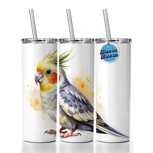 Cockatiel Parrot Bird Watercolor Skinny Tumbler 20oz with Straw Insulated Water Bottle Gift