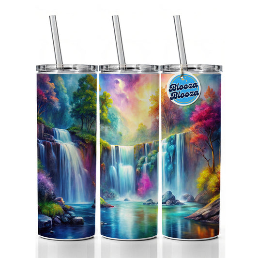 Colorful Fantasy Forest Waterfalls Skinny Tumbler 20oz with Straw Insulated Water Bottle Gift