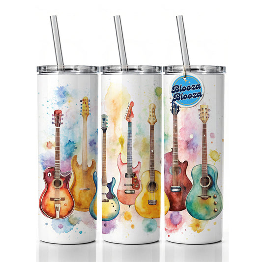Colorful Guitar Collection Watercolor Skinny Tumbler 20oz with Straw Insulated Water Bottle Gift