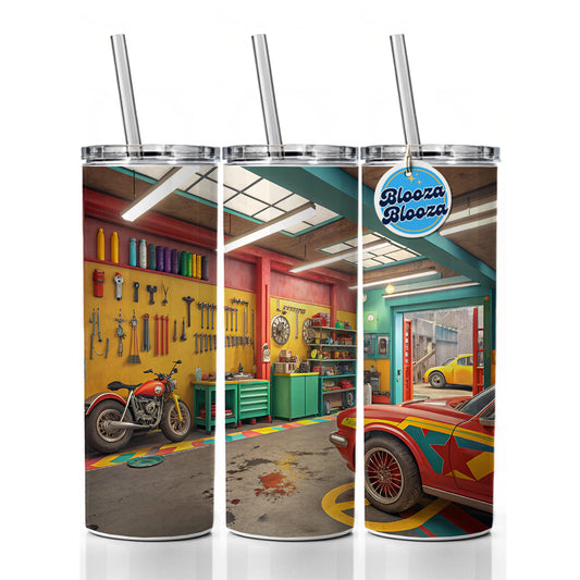 Colorful Mechanic's Garage Skinny Tumbler 20oz with Straw Insulated Water Bottle Gift