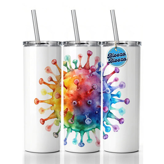 Colorful Rainbow Virus Watercolor Skinny Tumbler 20oz with Straw Insulated Water Bottle Gift