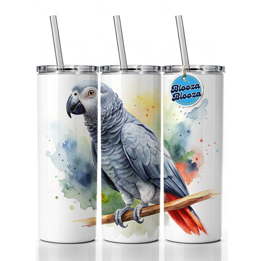 Congo African Grey Parrot Watercolor Skinny Tumbler 20oz with Straw Insulated Water Bottle Gift