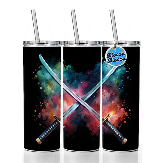 Crossed Katana Samurai Ninja Swords Black Watercolor Skinny Tumbler 20oz with Straw Insulated Water Bottle Gift