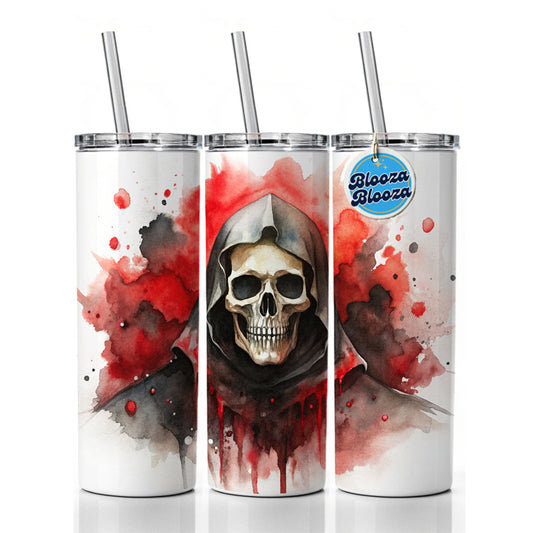 Death Grim Reaper Black Red Shades Watercolor Skinny Tumbler 20oz with Straw Insulated Water Bottle Gift